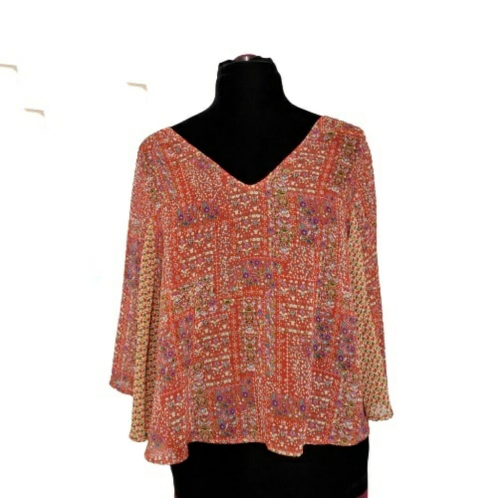 Zoa Semi Sheer Bat Wing V Neck Multi Print Cherry Blouse Poncho XS